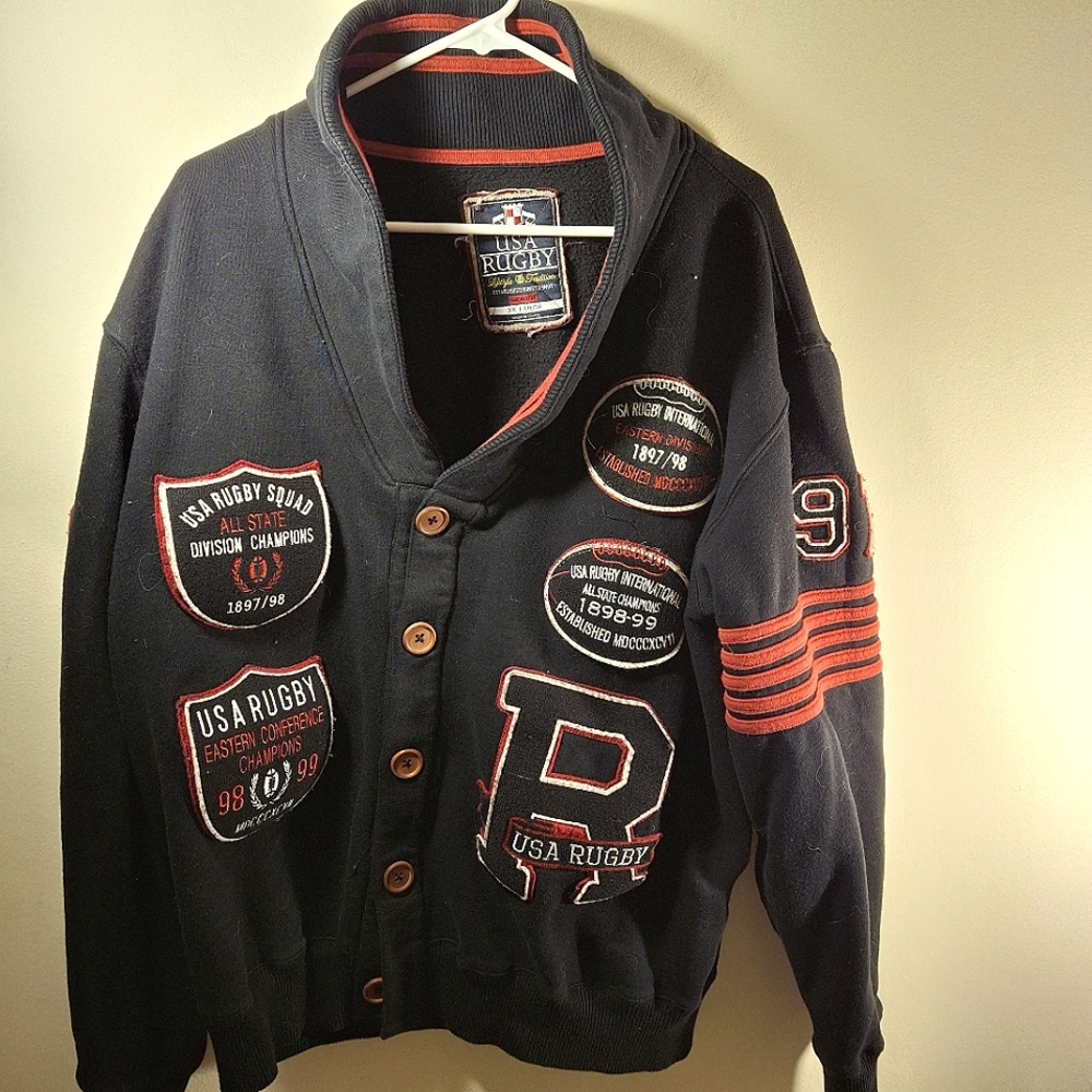 VTG U.S.A. Rugby Men's Long Sleeve Shaw Collar Stadium Button Down Jacket 3X